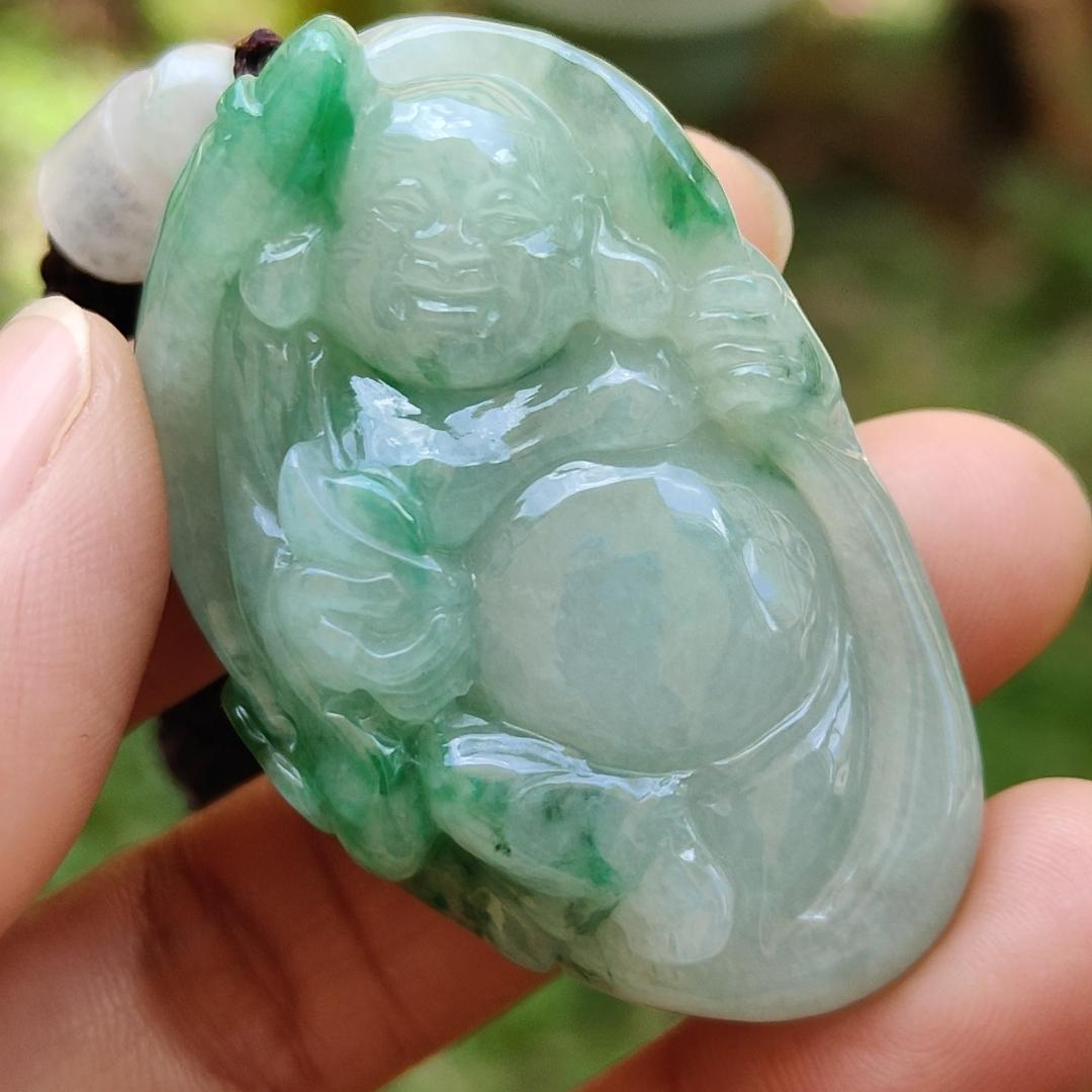 Rare High Quality Light Green and Green Natural Type A Jadeite Jade crafted with Milo Buddha as Pendant, certificate weighs 28.04 grams, measurement 46.3 * 30.3 * 13.9 mm (pendant285)