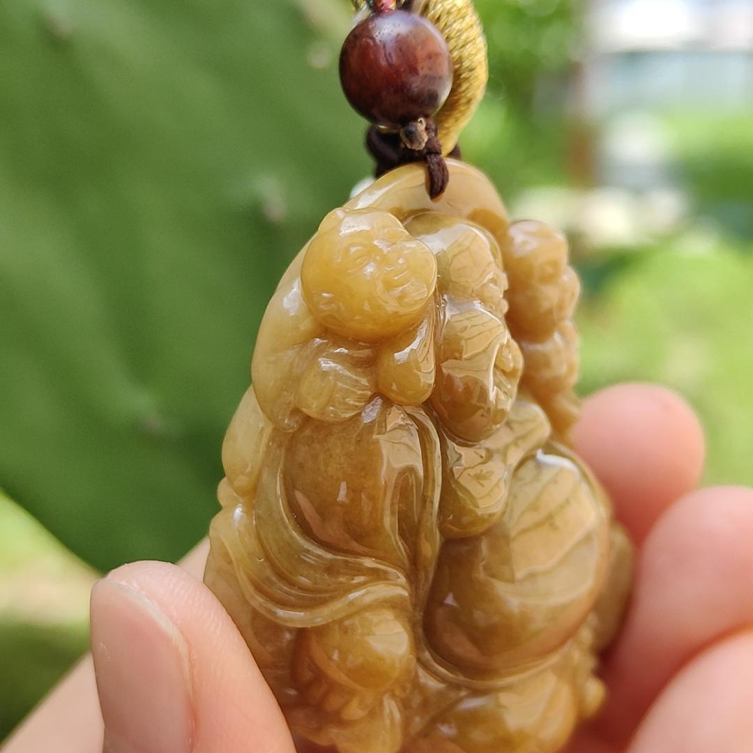 Rare Full Brown Natural Type A Jadeite Pendant crafted as Milo with two kids means Happiness for the family and Longevity, wealth and health, with certificate weighs at 61.27 grams, 48.50 * 41 * 21.60 mm (pendant110)