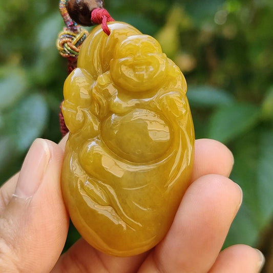 Full Yellow Old Mine Natural Type A Jadeite pendant carved with Laughing Buddha represents Tolerance and wisdom, humor, happy spirit, come with certificate weight 35.13 grams, 49.30 * 27.90 * 14.30 mm, suitable for daily wear on all occasions (pendant96)