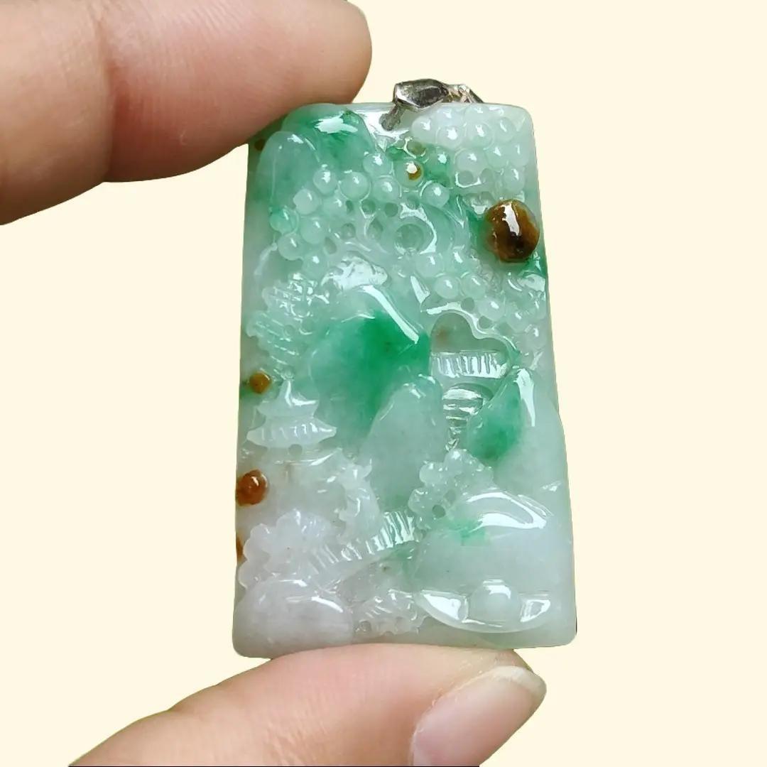 Good Quality Very Beautiful Light Green, Brown Natural Type A Jadeite Jade crafted with sceneries as Pendant, certificate weighs 9.72 grams, measurement 40 * 24.8 * 4.6 mm (pendant288)