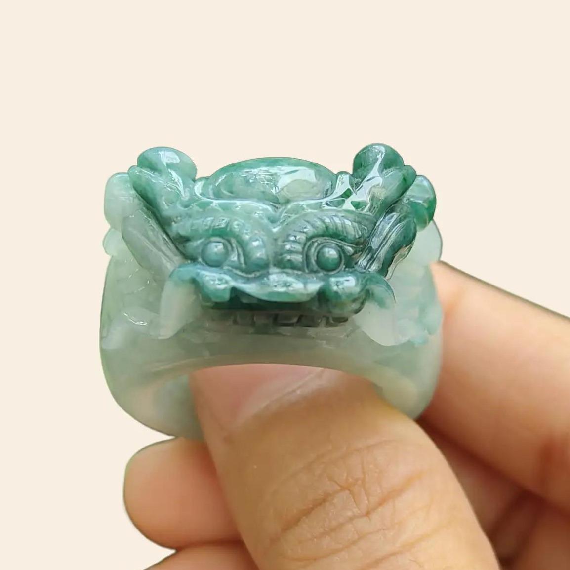 #Sold - Green with Green Hue Natural Type A Jadeite Jade crafted as Ring with Dragon, finger ring size 20.9 mm, certificate weighs 25.31 grams(ring9)