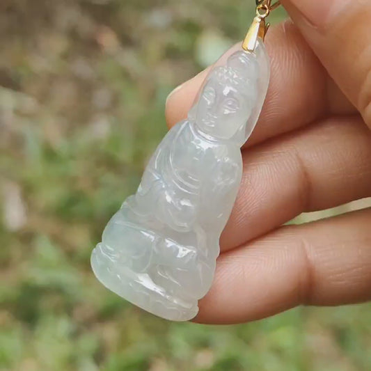 Icy Translucent Natural Type A Jadeite Jade crafted as Buddha with 18k gold clasp as Pendant, certificate weighs 6.78 grams, measurement 41.3 * 17.8 * 6.2 mm (18kp44)