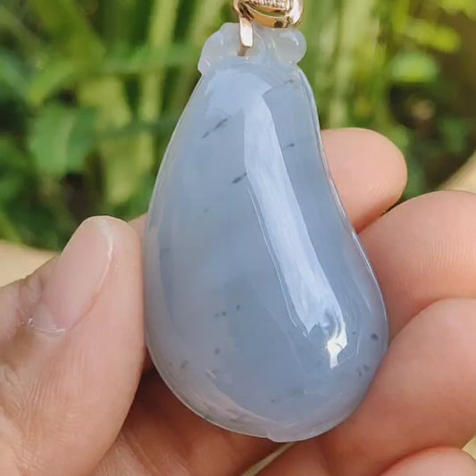 High Quality Light Lavender with Light Green Natural Type A Jadeite Jade crafted as shape of Fugua set with 18k Gold Clasp as Pendant, certificate weighs 23.61 grams, measurement 44.8 * 25.2 * 12 mm (18kp47)