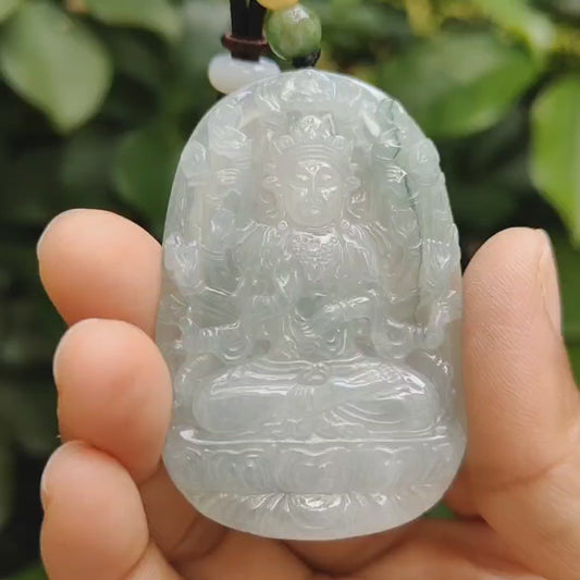 High Quality Light Green Hue Good Translucent Natural Type A Jadeite Jade crafted with Thousand Hands Guanyin as Pendant, certificate weighs 31.12 grams, measurement 57.6 * 38.4 * 6.8 mm (pendant293)