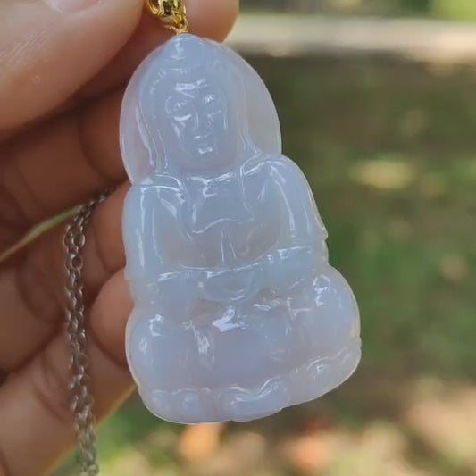 High Quality Light Lavender Natural Type A Jadeite Jade crafted As Guanyin set with 18k Gold Clasp as Pendant, certificate weighs 14.87 grams, measurement 46.6 * 28.2 * 6.5 mm (18kp58)