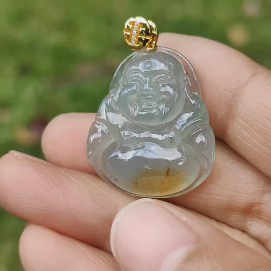 Rare Old Pit Icy Translucent with Yellow and Light Green Hue Collectible Natural Type A Jadeite Jade crafted as Milo Buddha added with 18k Gold Clasp as Pendant, certificate weighs 6.09 grams, measurement 26.8 * 23.2 * 6 mm (18kp63)