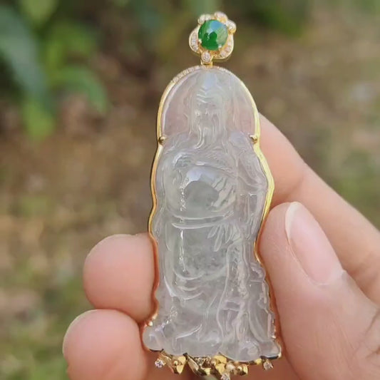 High Quality Light Green and Green Cabochon Icy Translucent Natural Type A Jadeite Jade crafted as Guan Gong set on 18k Gold as Pendant, certificate weighs 8.07 grams, measurement 57.2 * 22.7 * 5.8 mm (18kp46)