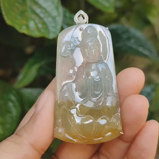 Icy Yellow Natural Type A Jadeite Jade crafted with Guanyin Seating on Lotus set with 18k gold and diamonds, certificate included weigh 18.11 grams, measurement 63.6 * 32 * 8.3 mm (18kp12)