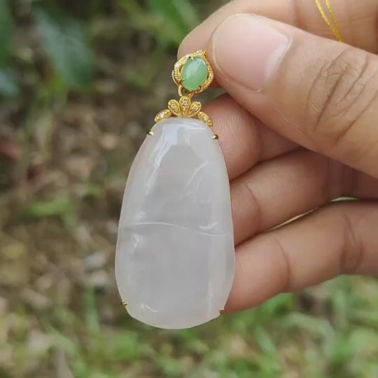 Icy Translucent Natural Type A Jadeite Jade crafted as Bamboo set on 18k gold with diamonds as Pendant, certificate weighs 9.99 grams, measurement 38.2 * 21.6 * 4.9 mm (18kp40)