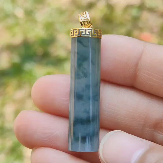 Dark Bluish Green Natural Type A Jadeite Jade crafter with a shape of Cylinder set with 18k gold clasp as Pendant, certificate included weigh 6.49 grams, measurement 37.6 * 9.6 * 6.3 mm (18kp28)