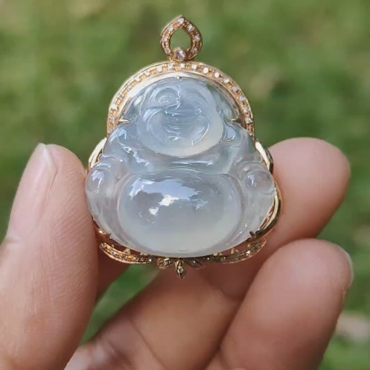 Premium Quality Icy Translucent Natural Type A Jadeite Jade crafted with Milo Buddha Set on 18k Gold as Pendant, certificate weighs 6.48 grams, measurement 34.1 * 26 * 11.6 mm (18kp61)