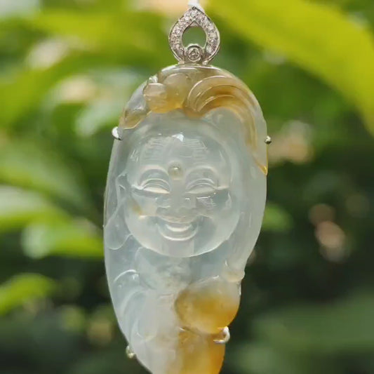 High Quality Icy Yellow Translucent Natural Type A Jadeite Jade crafted as Milo Buddha set with 18k Gold as Pendant, certificate weighs 9.1 grams, measurements 46.1 * 18.7 * 9.5 mm (18kp60)