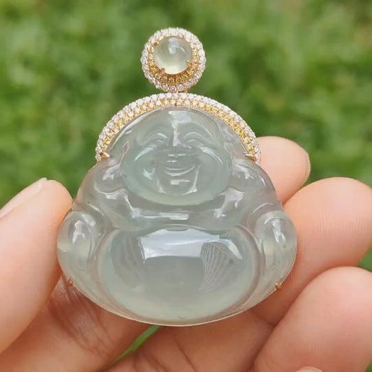 Icy Light Green Natural Type A Jadeite Jade Pendant crafted as Milo Buddha set on 18k gold with 1 icy cabochon and diamonds, certificate included weigh 13.8 grams, measurement 41.9 * 33.1 * 11.6 mm (18kp15)