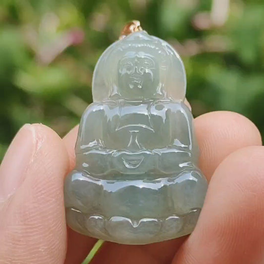 Light Green Good Translucent Natural Type A Jadeite Jade crafted with Guanyin 18k gold clasps as Pendant, certificate weighs 6.36 grams, measurement 32.2 * 21 * 5.8 mm (18kp49)