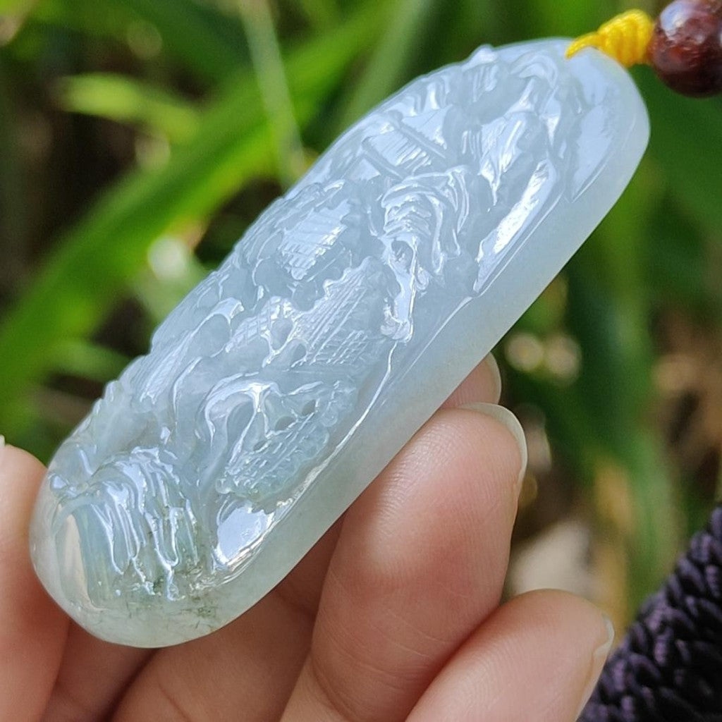 High Quality Bluish Green Hue Natural Type A Jadeite Jade crafted with sceneries as Pendant, certificate(pendant294)