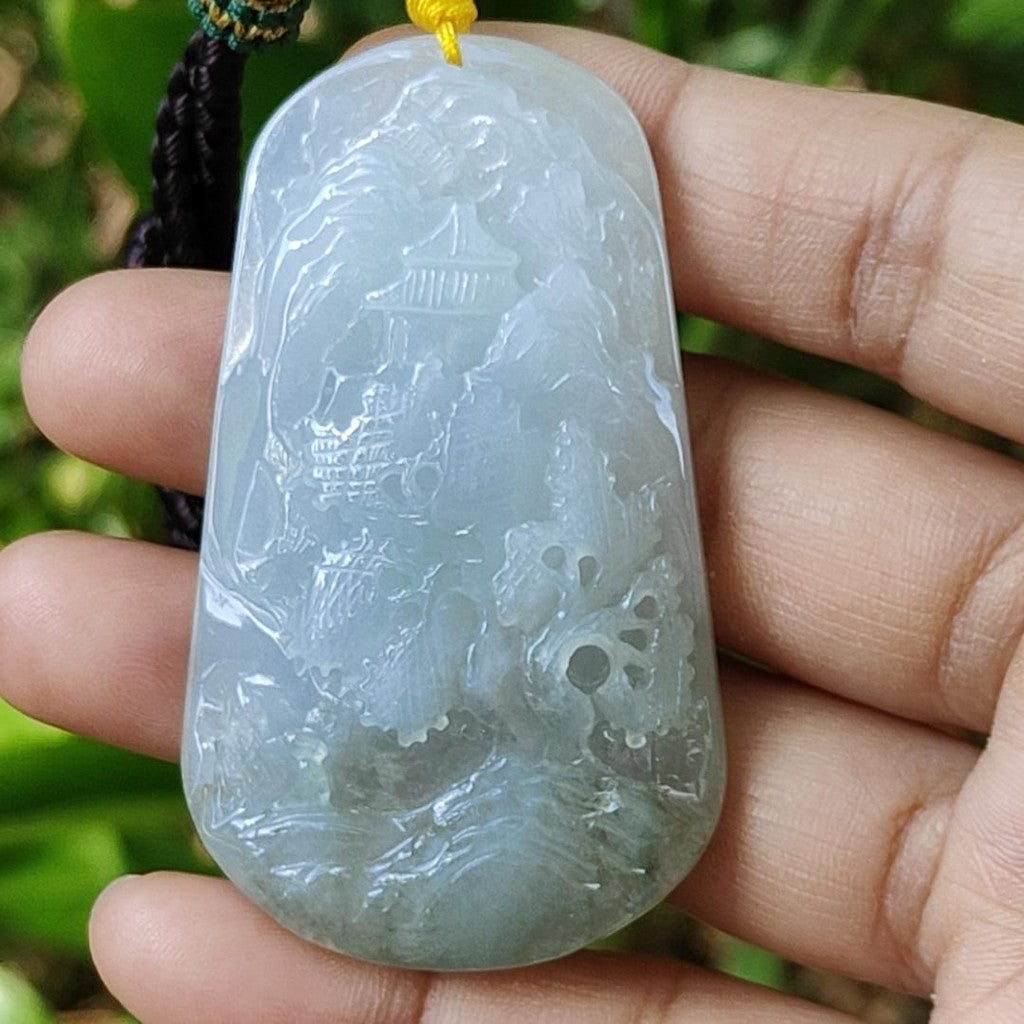 High Quality Bluish Green Hue Natural Type A Jadeite Jade crafted with sceneries as Pendant, certificate(pendant294)