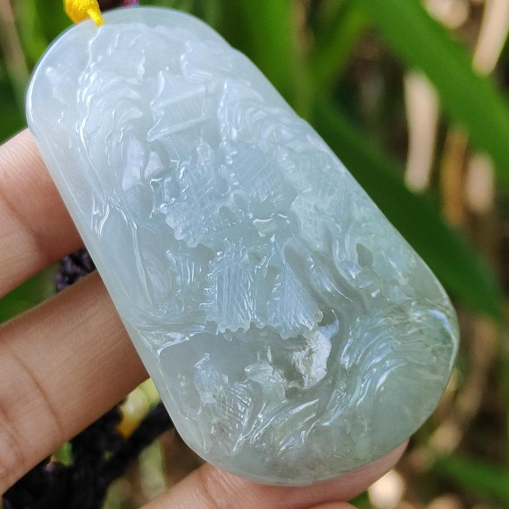 High Quality Bluish Green Hue Natural Type A Jadeite Jade crafted with sceneries as Pendant, certificate(pendant294)