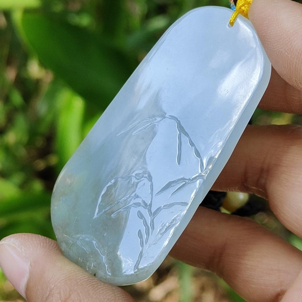 High Quality Bluish Green Hue Natural Type A Jadeite Jade crafted with sceneries as Pendant, certificate(pendant294)