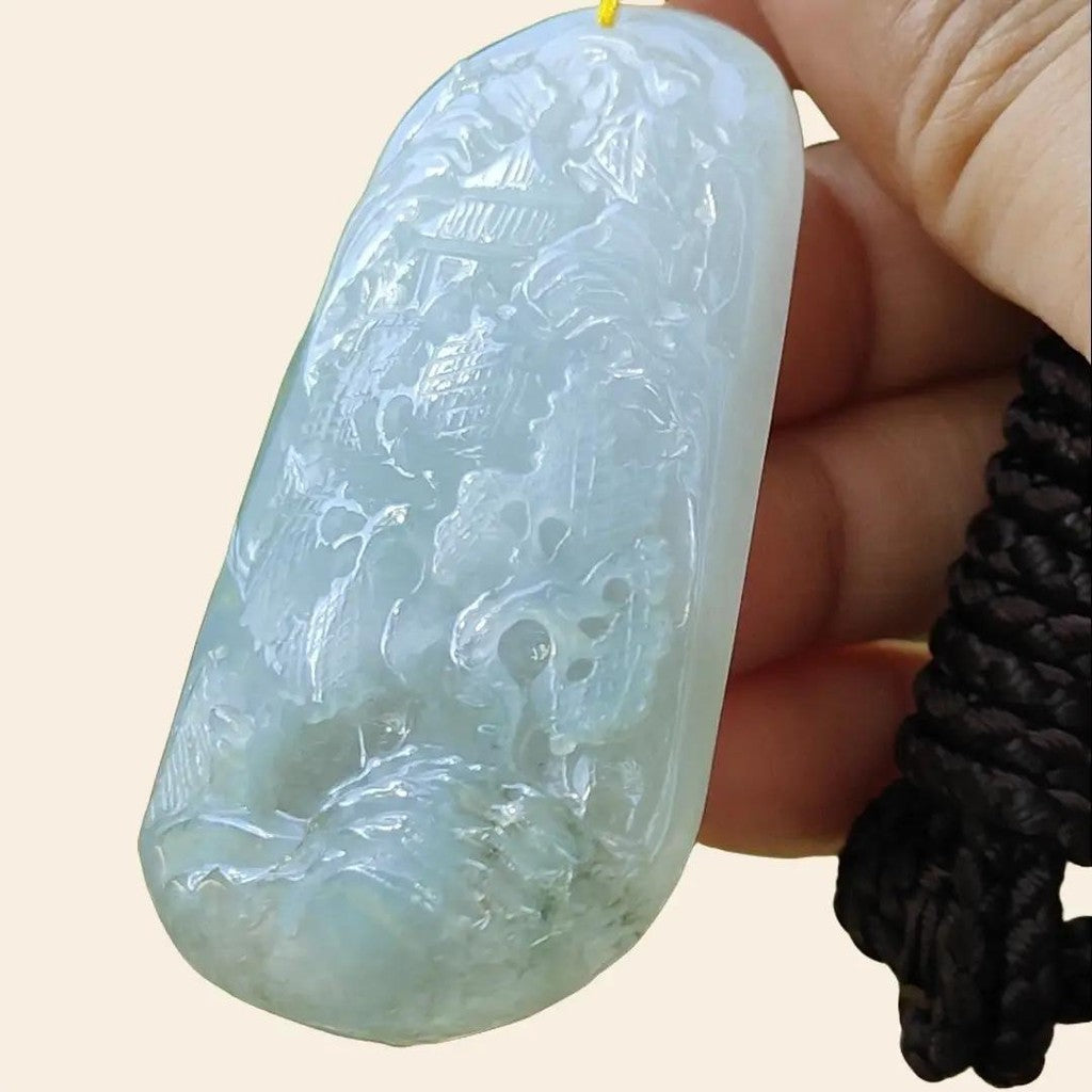 High Quality Bluish Green Hue Natural Type A Jadeite Jade crafted with sceneries as Pendant, certificate(pendant294)