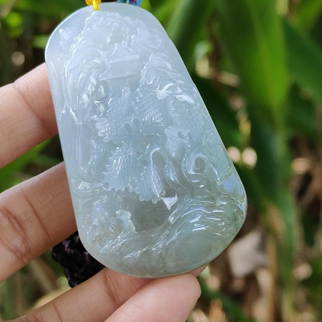 High Quality Bluish Green Hue Natural Type A Jadeite Jade crafted with sceneries as Pendant, certificate(pendant294)