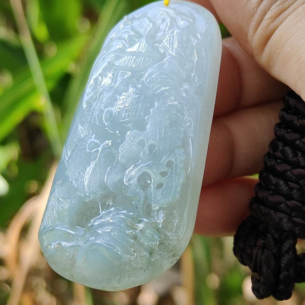 High Quality Bluish Green Hue Natural Type A Jadeite Jade crafted with sceneries as Pendant, certificate(pendant294)