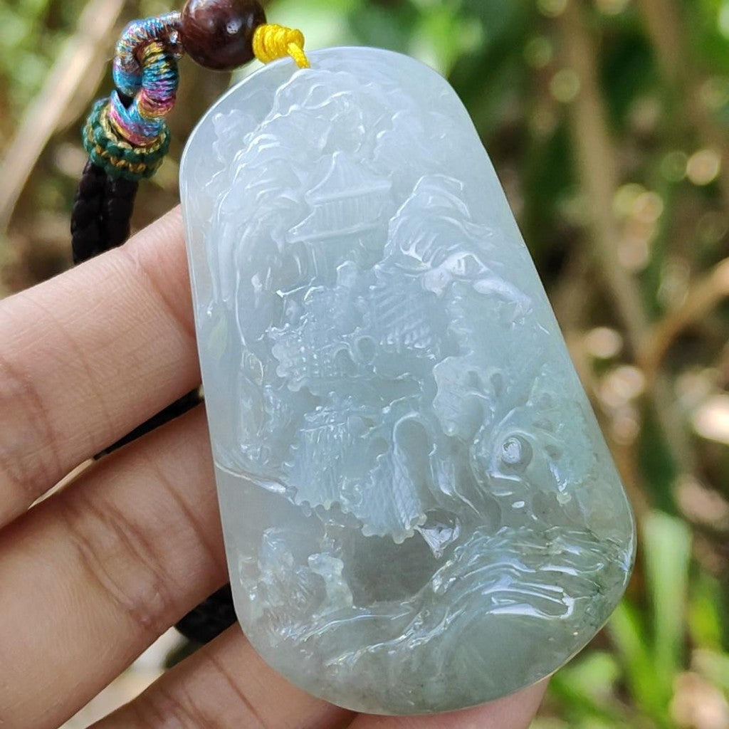 High Quality Bluish Green Hue Natural Type A Jadeite Jade crafted with sceneries as Pendant, certificate(pendant294)